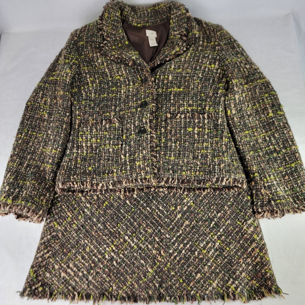 J. Jill Wool Blend Nubby Tweed‎ Lined Blazer Jacket Skirt Fringe Brown 4P/6P